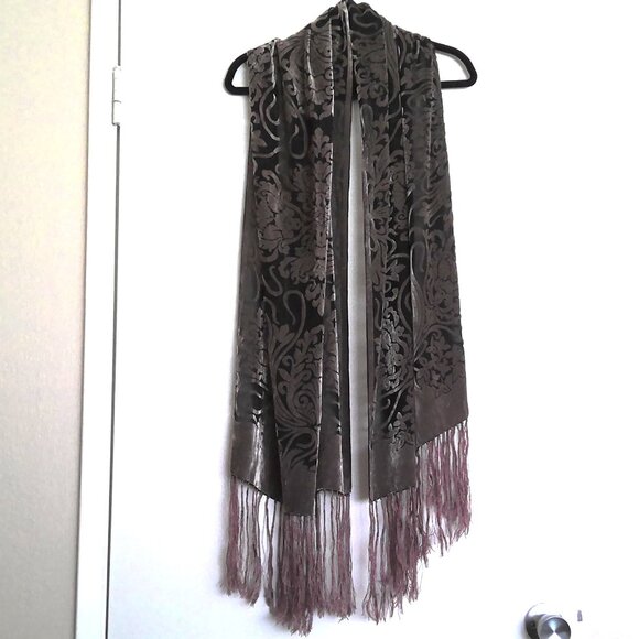 Shanak Silk Velvet Scarf Wrap Shawl Taupe & Black Fringed Brocade Burnout EUC - Picture 1 of 5